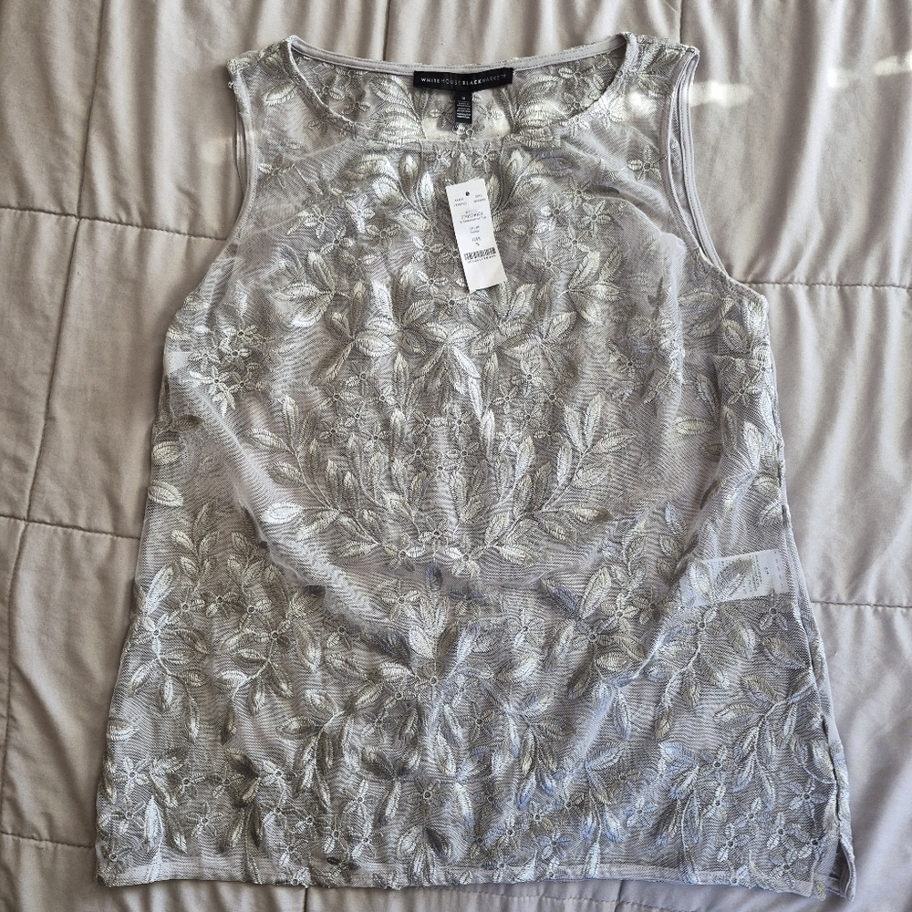 NWT White House Black Market Silver Embroidered Mesh Sleeveless Top, Small